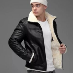 Men’s Black Shearling Leather Jacket – Genuine Sheep Leather with Faux Fur Lining