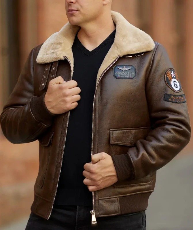 Men’s Brown Aviator Bomber Jacket – Genuine Sheep Leather with Shearling Collar - Image 4