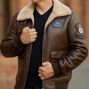 Men’s Brown Aviator Bomber Jacket – Genuine Sheep Leather with Shearling Collar
