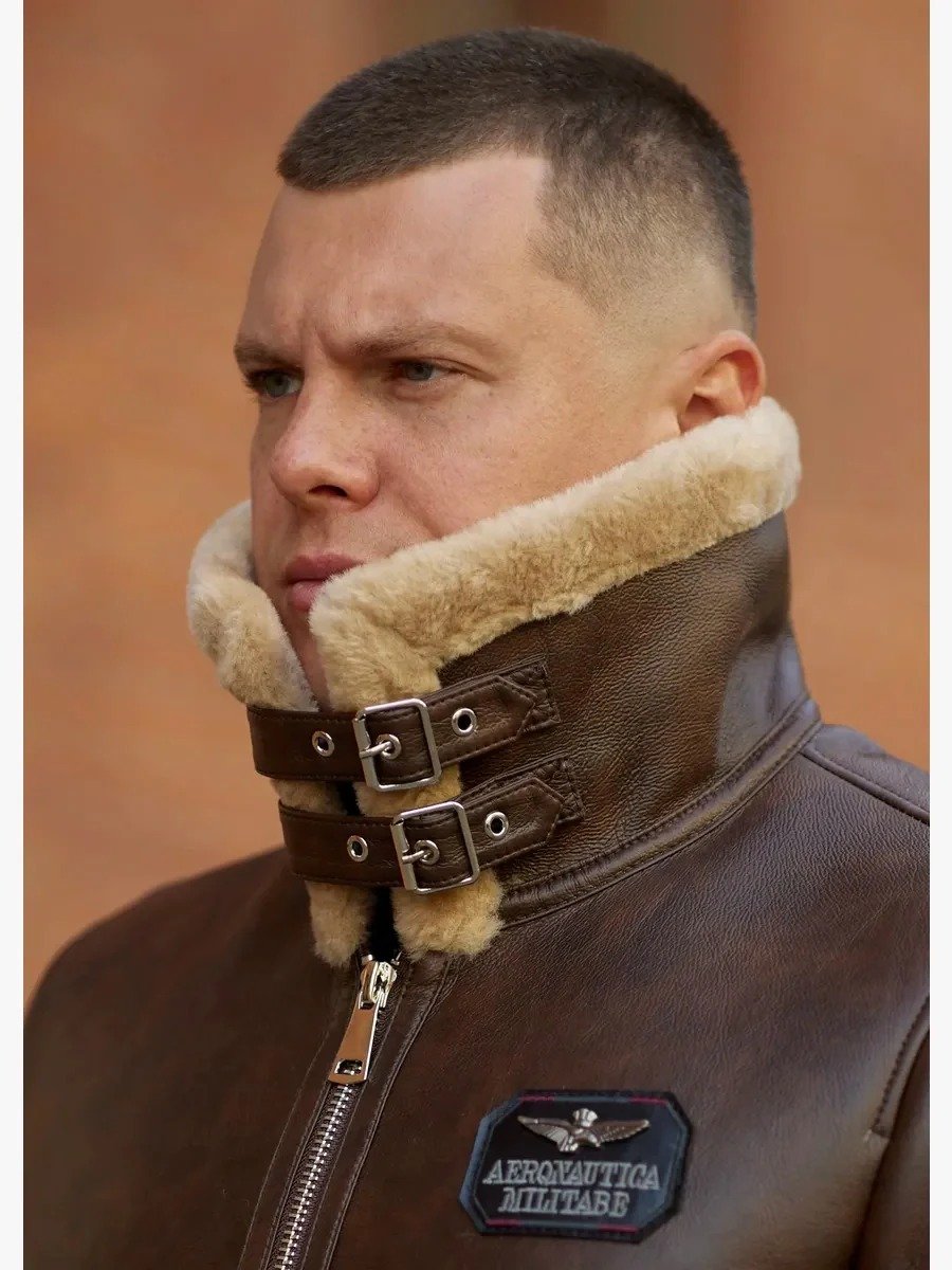 Men’s Brown Aviator Bomber Jacket – Genuine Sheep Leather with Shearling Collar - Image 3