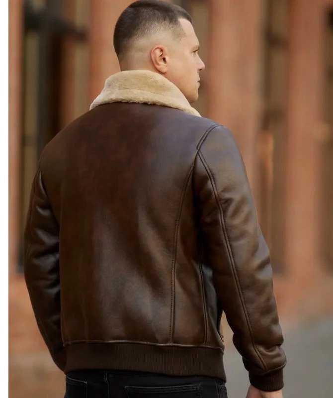 Men’s Brown Aviator Bomber Jacket – Genuine Sheep Leather with Shearling Collar - Image 2