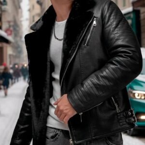 Men’s Black Shearling Biker Jacket – Genuine Sheep Leather with Fur Lining