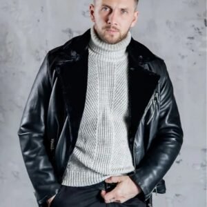 Men’s Black Shearling Biker Jacket – Genuine Sheep Leather Moto Style