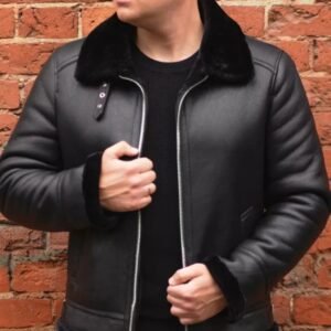 Men’s Black Shearling Leather Jacket – Genuine Sheep Leather Winter Bomber