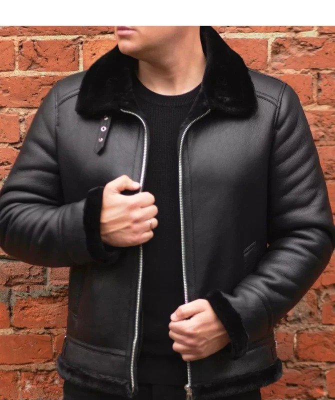 Men’s Black Shearling Leather Jacket – Genuine Sheep Leather Winter Bomber