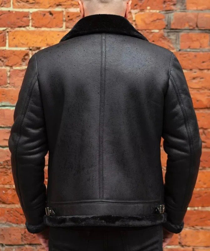 Men’s Black Shearling Leather Jacket – Genuine Sheep Leather Winter Bomber - Image 3