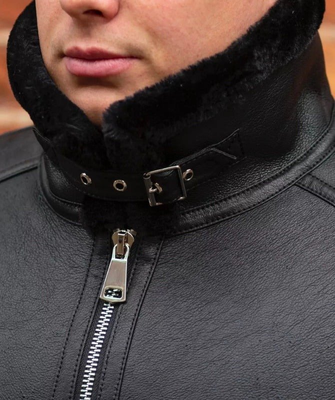 Men’s Black Shearling Leather Jacket – Genuine Sheep Leather Winter Bomber - Image 2