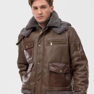 Men’s Brown Shearling Aviator Jacket – Genuine Sheep Leather Winter Bomber