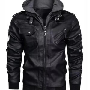 Men’s Black Faux Leather Jacket with Hood | Stylish Winter Biker Outerwear