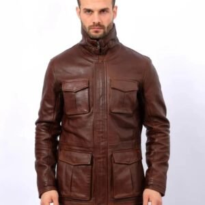 Men’s Brown Genuine Sheep Leather Field Jacket – Classic Four-Pocket Military Style