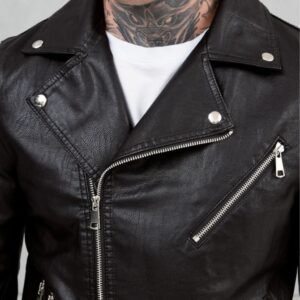 Men’s Black Genuine Sheep Leather Biker Jacket – Classic Asymmetrical Motorcycle Style