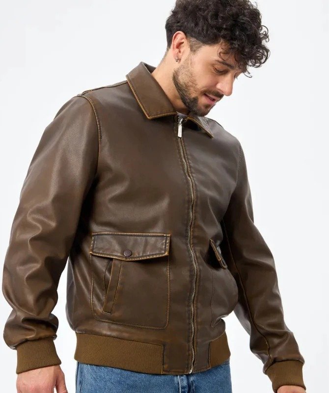 Men’s Classic Brown Leather Jacket | Stylish Casual Bomber Outerwear