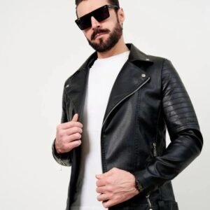 Men’s Black Genuine Sheep Leather Biker Jacket – Quilted Shoulder Slim Fit Moto Style