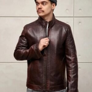 Men’s Brown Leather Jacket | Classic Stand Collar Biker Jacket for Effortless Style