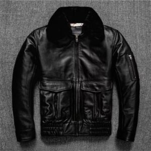 Men’s Classic Black Shearling Collar Leather Jacket – 100% Genuine Sheep Leather