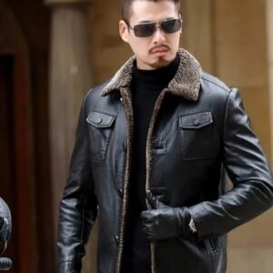 Men’s Black Shearling Collar Leather Jacket | Winter Biker Style Outerwear