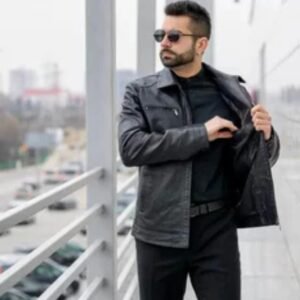 Men’s Black Faux Leather Jacket – Slim Fit Moto Style with Zipper Pockets