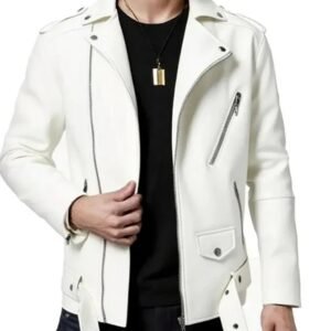 Men’s White Leather Biker Jacket | Stylish Slim Fit Motorcycle Jacket