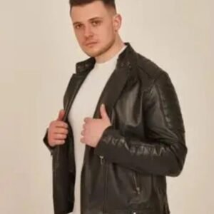 Men’s Black Leather Biker Jacket with Stand Collar | Slim Fit Motorcycle Style