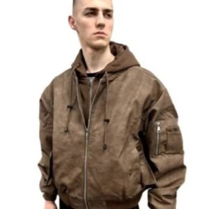 Men’s Brown Hooded Sheep Leather Bomber Jacket | Casual Streetwear Style