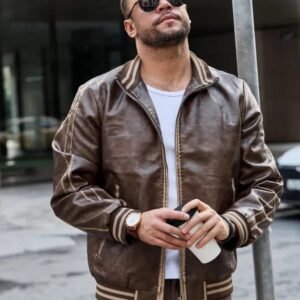 Men’s Brown Bomber Leather Jacket | Vintage Varsity Style with Ribbed Trim