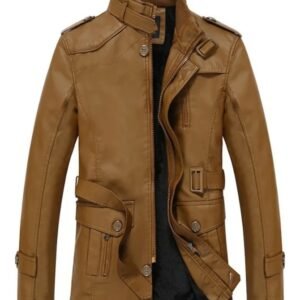 Men’s Brown Sheep Leather Long Jacket – Winter Warm Military Style Coat with Belt & Fur Lining