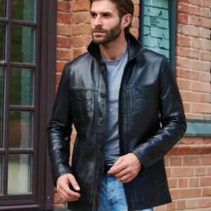 Men’s Black Sheep Leather Coat – Classic Button-Up Mid-Length Leather Jacket
