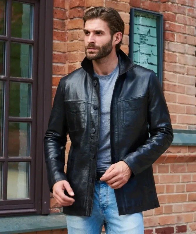 Men’s Black Sheep Leather Coat – Classic Button-Up Mid-Length Leather Jacket