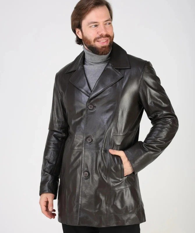 Men’s Brown Sheep Leather Coat – Classic Button-Up Mid-Length Leather Jacket - Image 2