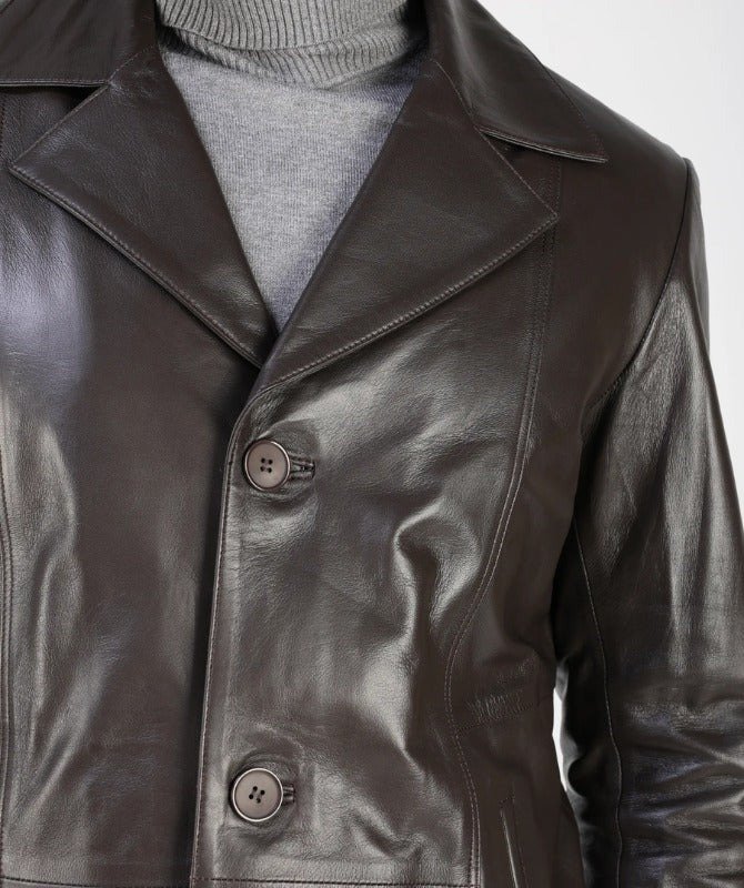 Men’s Brown Sheep Leather Coat – Classic Button-Up Mid-Length Leather Jacket