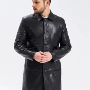 Men’s Black Sheep Leather Overcoat – Classic Button-Up Long Leather Jacket