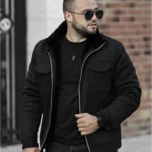 Men’s Black Fur Collar Winter Jacket – Warm Casual Streetwear Zip-Up Coat JWLeather