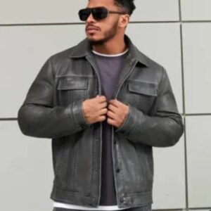 Men’s Charcoal Grey Sheep Leather Jacket | Classic Shirt Collar Design
