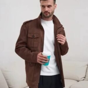 Men’s Brown Field Suede Leather Jacket |Military-Inspired Multi-Pocket Design