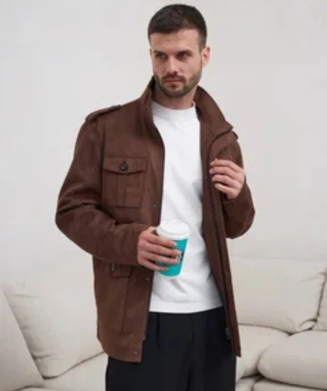 Men’s Brown Field Suede Leather Jacket |Military-Inspired Multi-Pocket Design