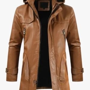 Men’s Tan Hooded Leather Coat | Stylish Long Jacket for Winter & Casual Wear