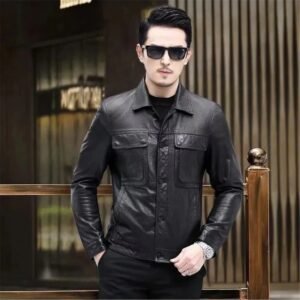 Men’s Black Sheep Leather Shirt Jacket – Premium Slim Fit Button-Up Outerwear