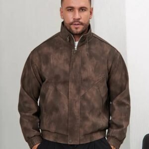 Men’s Brown Faux Leather Jacket | Vintage High Neck Winter Outerwear