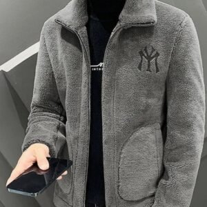 Men’s Grey Fleece Jacket | Warm Winter Zip-Up Sherpa Jacket for Casual Wear