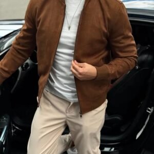 Men’s Brown Suede Leather Bomber Jacket | Soft Suede Finish Casual Outerwear