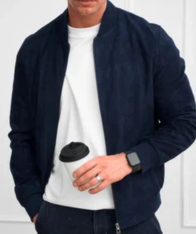 Men’s Navy Blue Suede Leather Jacket - Image 5