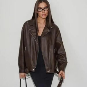Women’s Oversized Dark Brown Genuine Sheep Leather Biker Jacket – Premium Moto Style