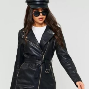 Women’s Black Genuine Sheep Leather Belted Biker Jacket – Long Zip-Up Moto Style Coat