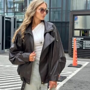 Women’s Oversized Brown Sheep Leather Jacket – Classic Moto Style with Belted Hem