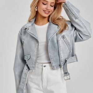 Women’s Silver Gray Genuine Sheep Leather Cropped Biker Jacket – Modern Metallic Moto Style
