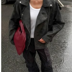 Women’s Black Oversized Sheep Leather Moto Jacket – Wide-Lapel Cropped Biker Style