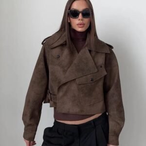 Women’s Brown Oversized Sheep Leather Cropped Jacket – Trendy Wide-Lapel Moto Style