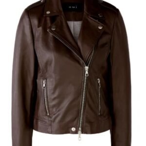Women’s Brown Genuine Sheep Leather Biker Jacket – Classic Moto Style with Asymmetric Zip