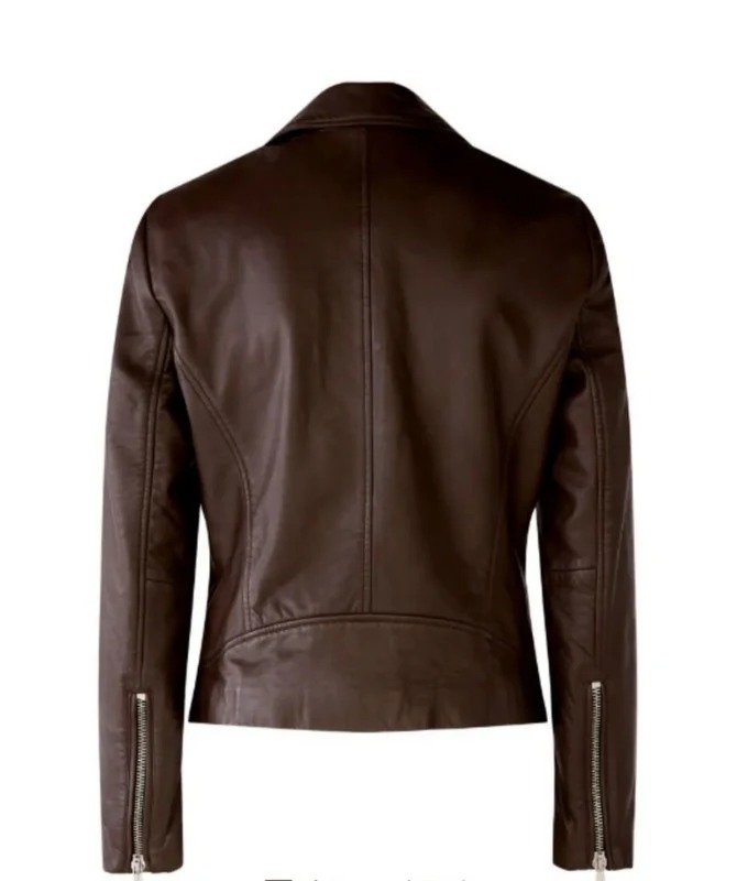 Women’s Brown Genuine Sheep Leather Biker Jacket – Classic Moto Style with Asymmetric Zip