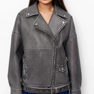 Women's Washed Grey Oversized Sheep Leather Jacket – Vintage Moto Style